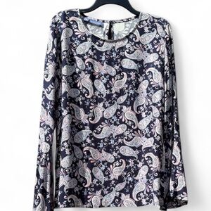 LAURA SCOTT Navy Paisley Print Trumpet Bell Sleeves Blouse Size Large NWT